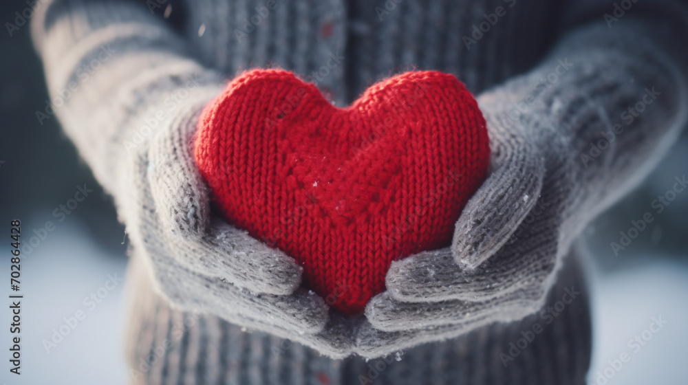 Female hands in mittens with red heart close up