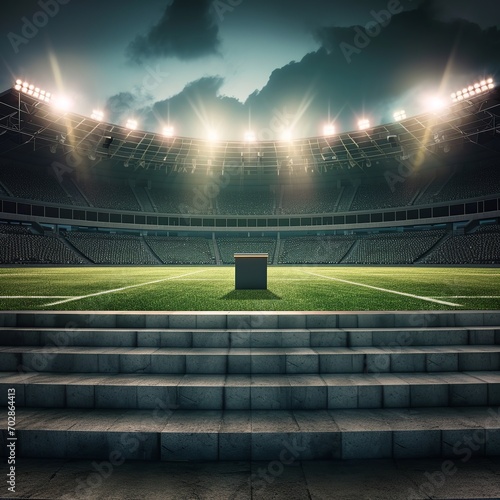 Champion's Spotlight: Podium in a Stadium with Rows of Empty Seats and Dynamic Light Flashes