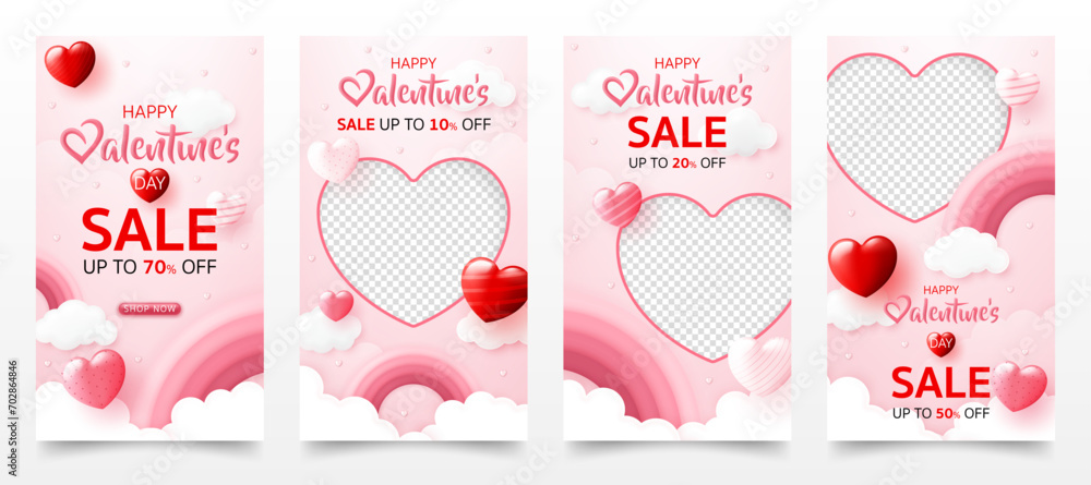 3D Happy valentine’s day sale banner template. special discount promotion sale offer with pink rainbow, sweet heart background for valentine online shop, store, advertising, web and social media post - obrazy, fototapety, plakaty 