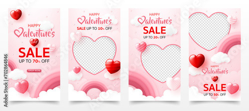 3D Happy valentine’s day sale banner template. special discount promotion sale offer with pink rainbow, sweet heart background for valentine online shop, store, advertising, web and social media post