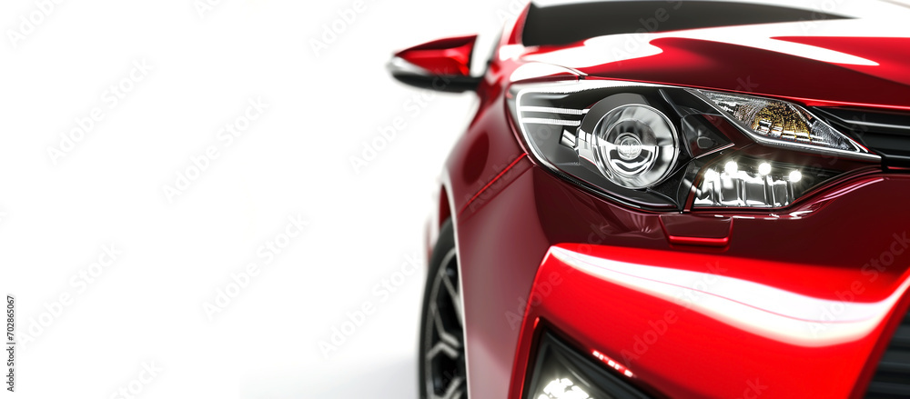 Closeup on headlight of a generic and unbranded red car on a white background