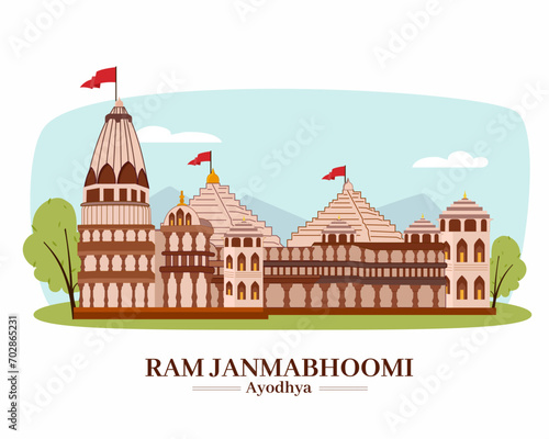 Architecture of Ayodhya's Magnificent Ram Mandir spiritual Hindu temple with tree background