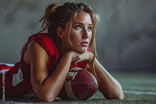 jeune femme sportive allongée au sol en tenue de football américain, tenant un ballon en cuir dans les mains photo
