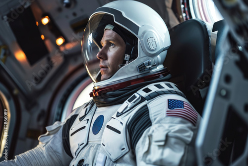 Portrait of male astronaut wearing spacesuit in the spaceship