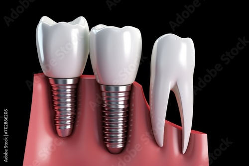 Tooth implant with caries on a black background. 3D illustration, concept of healthy teeth medically accurate image demonstrating the placement of white crown dental implant, AI Generated