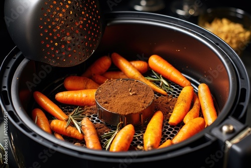 Carrot grinder with ground coffee and fresh carrots on dark background, Cooking potatoes and carrot sticks with spices in an air fryer, AI Generated