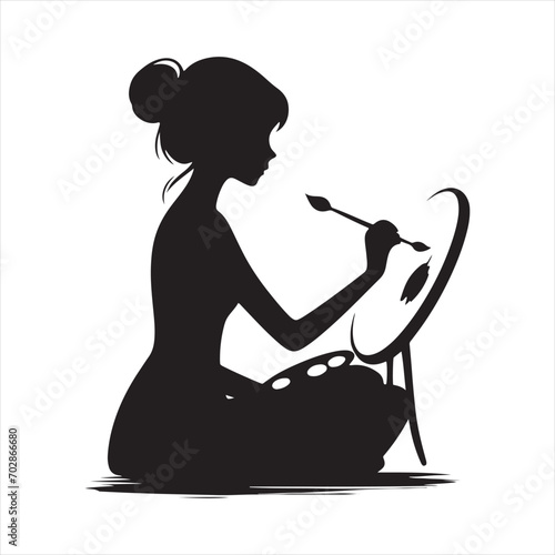 Ethereal Canvases: Painting Girl Silhouette Creating Artistic Realms, Ideal for Otherworldly Art Concepts and Painting Black Vector Stock
