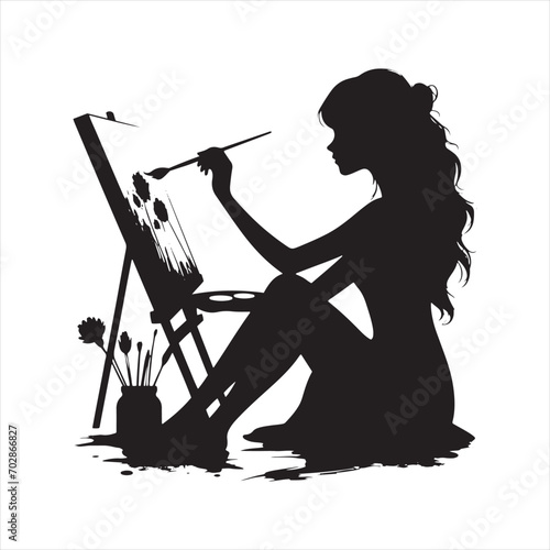 Enchanted Easel: Silhouette of a Painting Girl Conjuring Artistic Enchantment, Ideal for Fantasy-themed Designs and Painting Black Vector Stock
