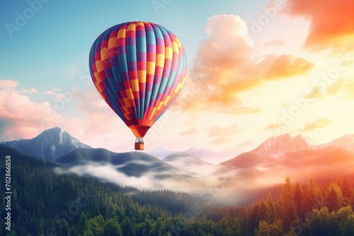 Colorful hot air balloon flying high in blue sky. 3d rendering  colorful hot air balloon flying  adventure and freedom  AI Generated