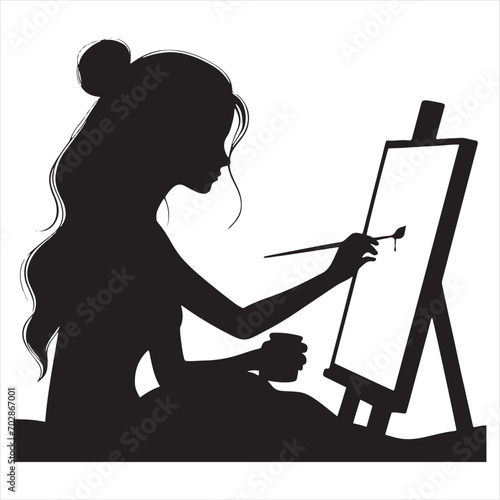 Canvas Reverie: Painting Girl Silhouette Lost in Creative Pursuits, Perfect for Artistic Showcases and Painting Black Vector Stock

