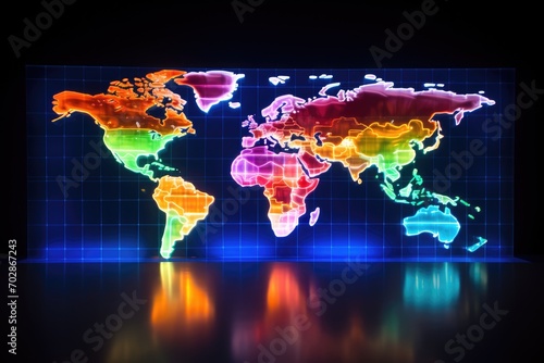 Colorful world map on a dark background. 3D illustration, Colorful world map hologram with every individual country in different colors, AI Generated