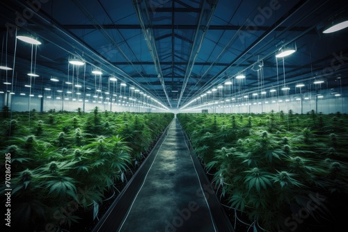 Cannabis cultivation in a modern glasshouse. Blurred background, AI Generated
