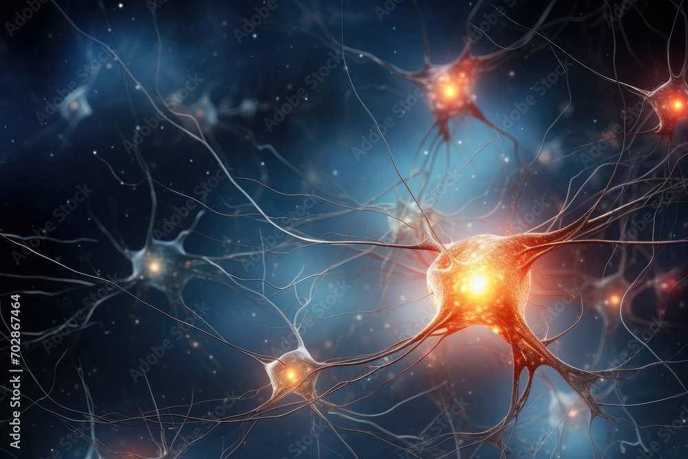Neuron cell, 3D illustration of neurons and nervous system, computer generated images, Conceptual abstraction of brain neurons, Insight concept, AI Generated