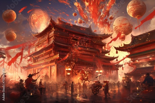 Chinese temple with fire and firework, 3d rendering. Computer digital drawing, Concept Chinese New Year Festival, AI Generated photo