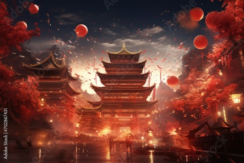 Chinese temple in the night with red lanterns and firecrackers, Concept Chinese New Year Festival, AI Generated