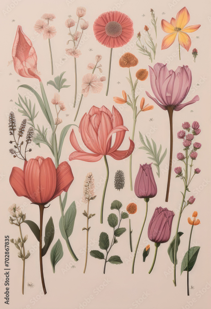 custom made wallpaper toronto digitalAntique Botanical poster with vibrant leaves, plants and flowers, retro style