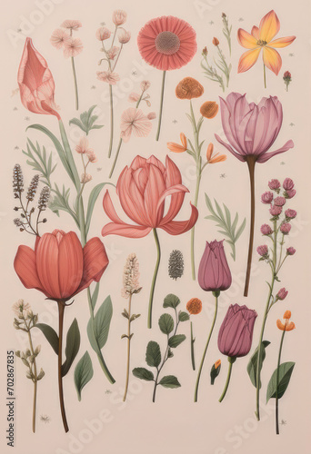 Wallpaper Mural Antique Botanical poster with vibrant leaves, plants and flowers, retro style Torontodigital.ca