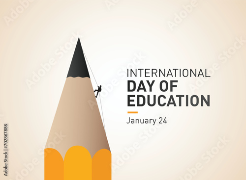 International day of education vector illustration. Pencil open book with alphabet letters and earth. Children education background or learning event concept. photo