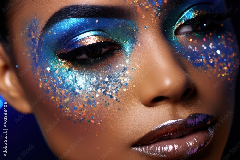 trendy glitter makeup on face of female model closeup. Beauty salon, make up artist, party, eye shadow and lipstick cosmetics. 