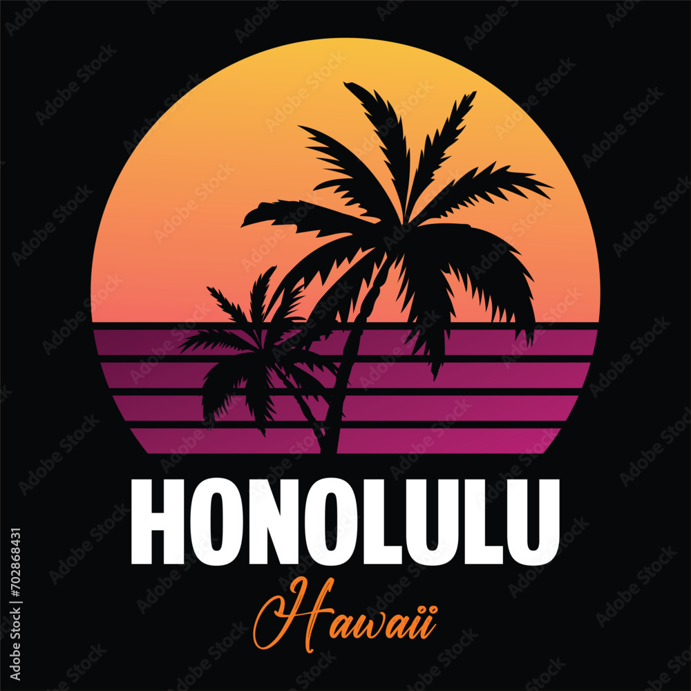 Tshirt prints, apparel layouts, clothing templates in 80's retro vintage style with palms, sunset and birds, symbols of Honolulu