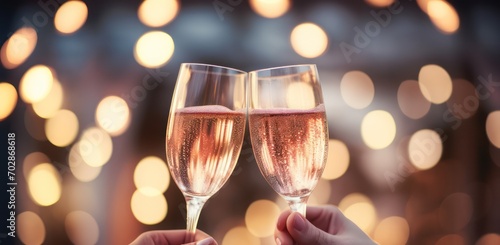 hands holding two glasses of rose sparkling wine to cheers to celebrate valentines day on romanic date. Christmas or new year party celebration lights bokeh horizontal banner.  photo