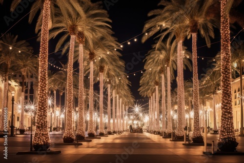 street with palm trees decorated with festive lights garlands at night. Tropical touristic resort on christmas holiday season. 