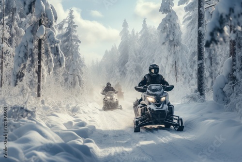 people riding on snowmobile in nature in winter. Extreme sports hobby and transport. © Dina