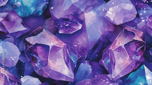 Purple background with amethyst crystal pattern.