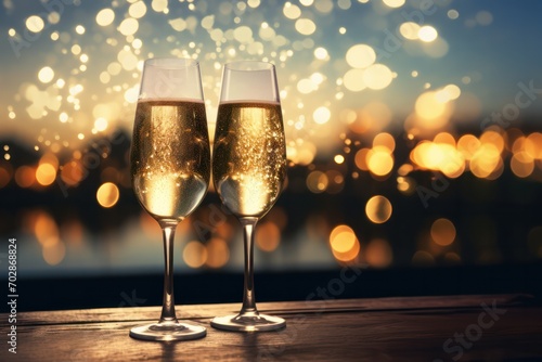 two glasses of sparkling wine  cava or champagne with fireworks bokeh as background. New year celebration  Diwali  Independence Day  Sumidagawa firework Festival  Guy Fawkes Night  Eid Al-Adha lights.