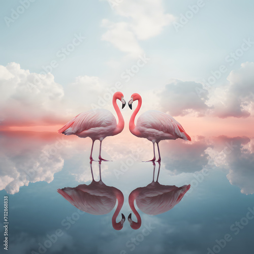 Two flamingos are standing on the water. Beautiful pastel pink skies. The atmosphere of love. © Jovana Arandjelovic