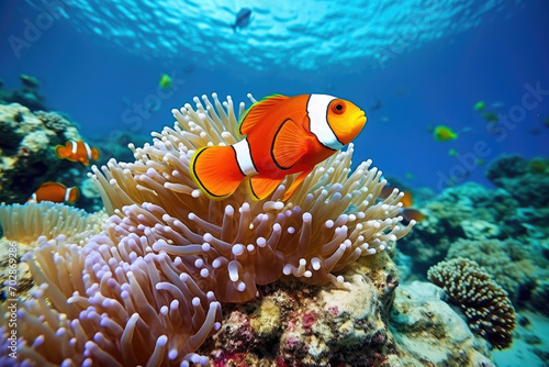 Clown fish swimming on anemone underwater reef background, Colorful Coral reef landscape in the deep of ocean. Marine life concept, Underwater world scene. © TANATPON