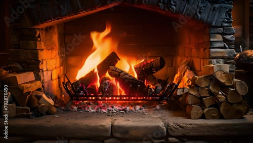 Fire in brick fireplace, firewood burning, wood blazing in cozy lodge, hut or cabin. Romantic weekend on winter holidays, fireside in warm cozy cottage house. Seamless looped cinema graph background.  photo