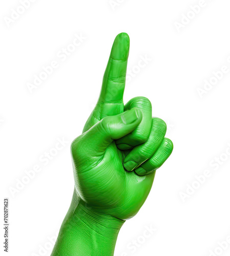 close-up of green hand with pointing finger