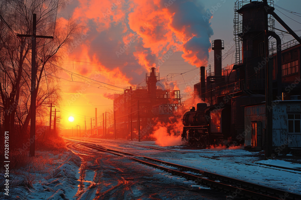 Old steam locomotive at sunset in the winter. Industrial landscape.