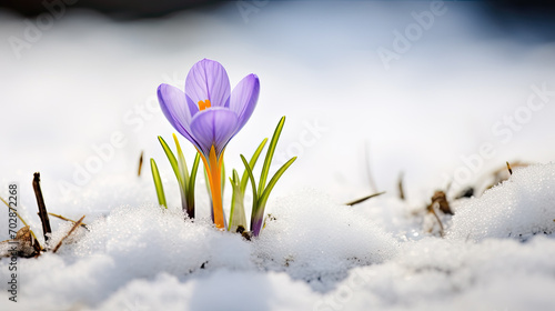 purple crocus growing in the snow © wernerimages