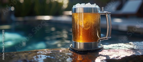 Pool party with a Stanley stainless steel beer mug that keeps drinks cold and has a built-in bottle opener.