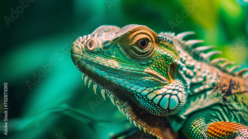 Close-up of a colorful iguana with detailed scales