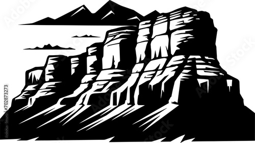 Silhouette of the grand canyon and road against the setting sun. AI generated illustration.