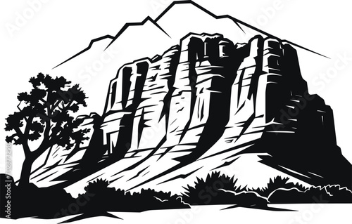 Silhouette of the grand canyon and road against the setting sun. AI generated illustration.