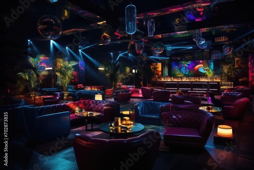 Interior of a night club with bright lighting. 3D rendering, Colorful interior of a vibrant and lively night club featuring dark seats and glowing lights, AI Generated