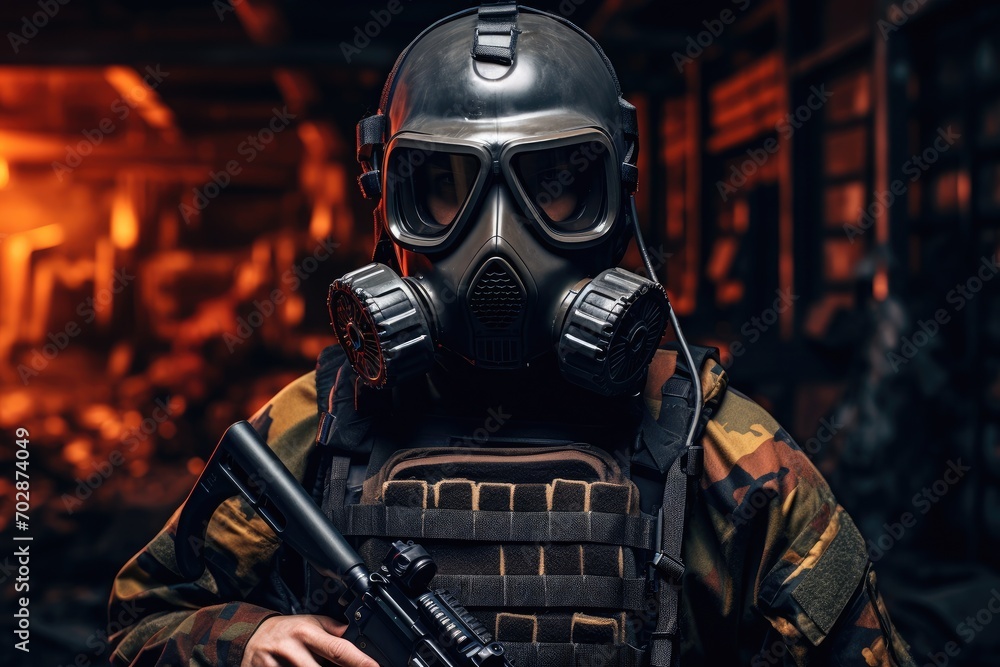 Portrait of a special forces soldier in a gas mask. Military concept, AI Generated - obrazy, fototapety, plakaty 