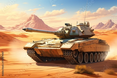 3D rendering of a tank in the desert with mountains in the background, AI Generated photo