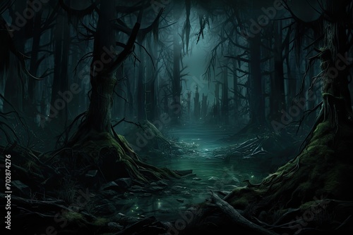 Fototapeta Naklejka Na Ścianę i Meble -  Mysterious dark forest at night. 3D Rendering, AI Generated