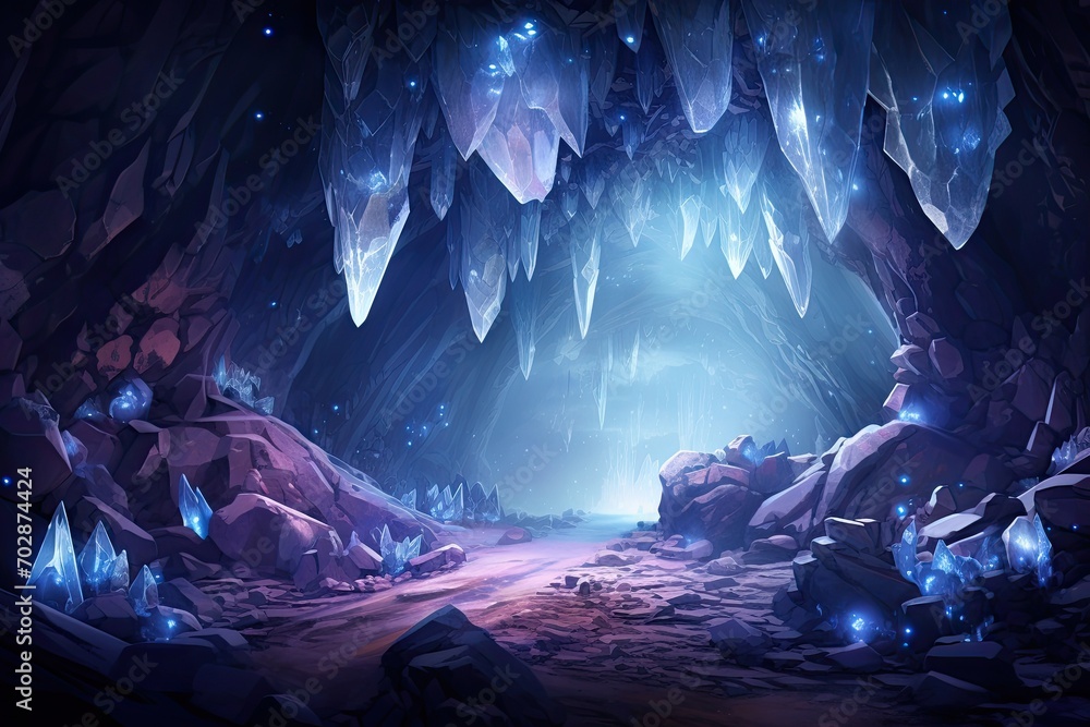 Fantasy cave with ice stalactites. 3D illustration, AI Generated