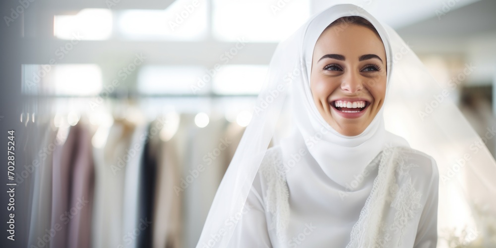 A beautiful Muslim bride in traditional attire, expressing happiness and modern elegance with a joyful smile and a white hijab. A beautiful Muslim bride in traditional attire, expressing happiness and modern elegance with a joyful smile and a white hijab.