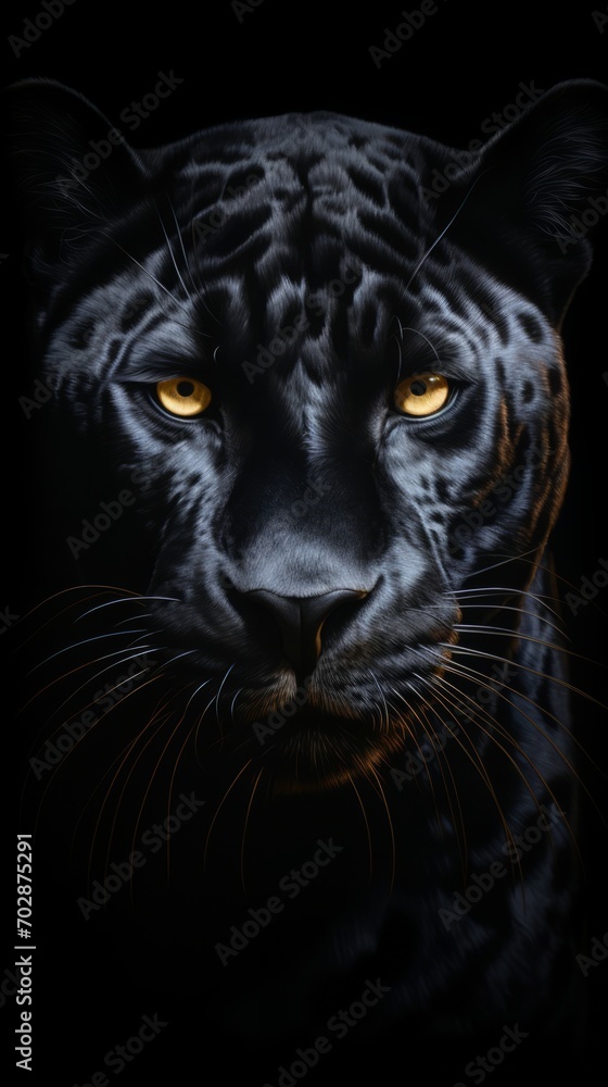 A close up of a black tiger with yellow eyes