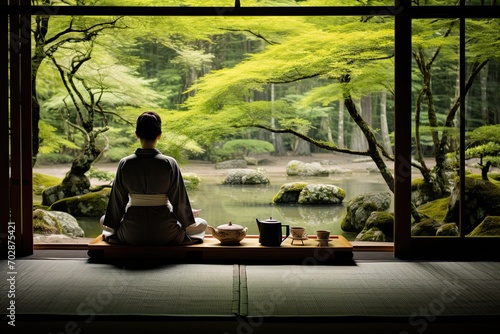 Japanese woman in kimono sitting in front of a window in a Japanese garden, AI Generated