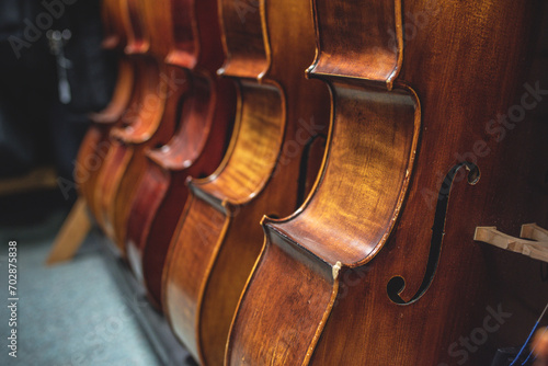 Row of multiple cellos standing on the floor at a musician workshop