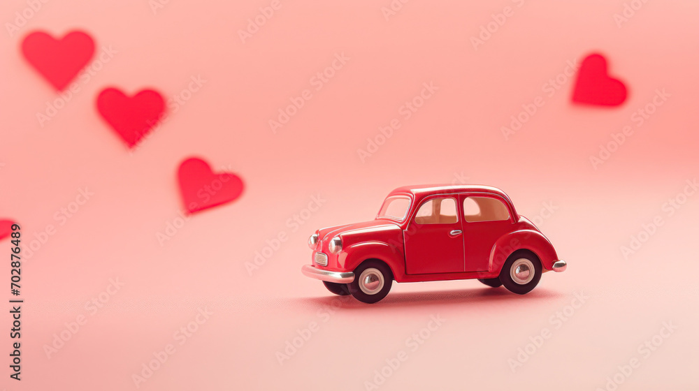 Red retro toy red car with red bow for Valentine's day on pink background with heart. Top view, flat lay, banner Red retro toy red car with red bow for Valentine's day on pink background with heart. Top view, flat lay, banner