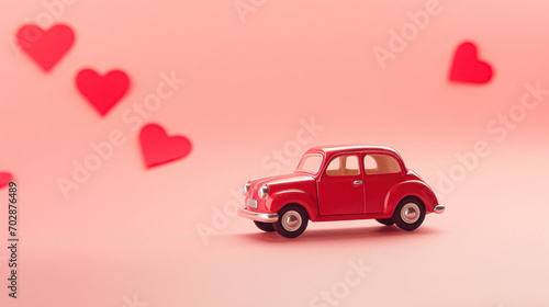 Red retro toy red car with red bow for Valentine's day on pink background with heart. Top view, flat lay, banner